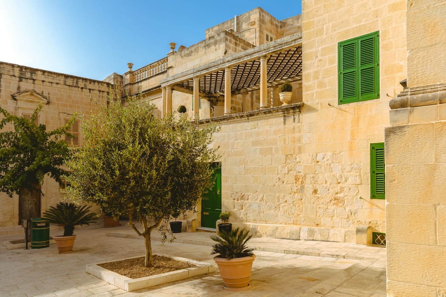 Sonniger Innenhof aus Kalkstein in Mdina mit Olivenbaum und grünen Fensterläden