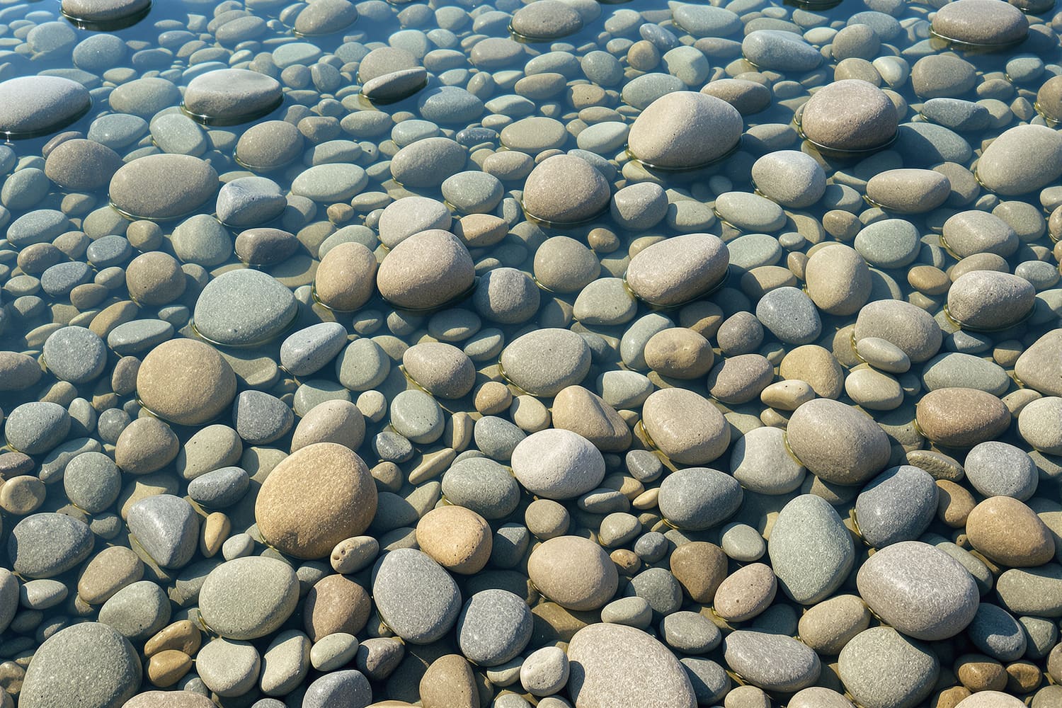 Glasklares flaches Wasser über Kieseln